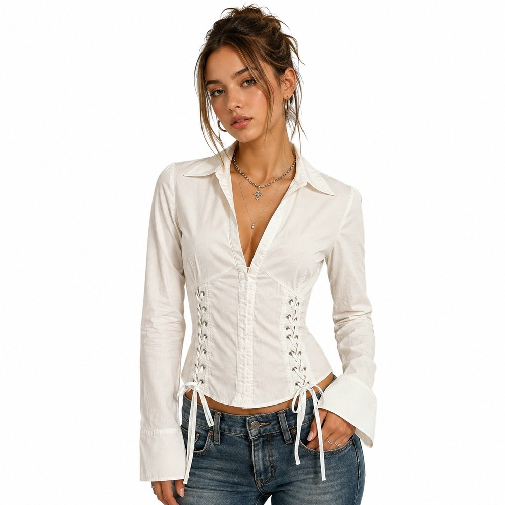 Y2K Women's White Corset Blouse Lace Up Flared Long Sleeve Top Fairy Medium